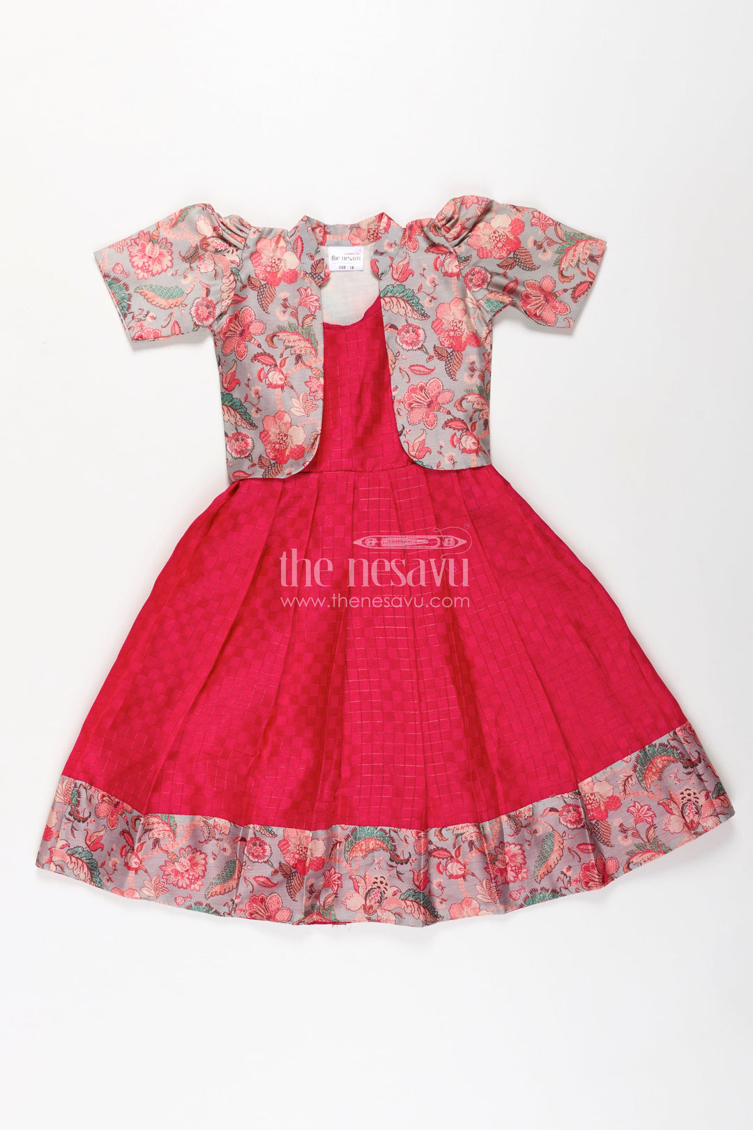 Girls Silk Cotton Gown with Pleated Design and Floral Chanderi Overcoat in silk gown party wear Style