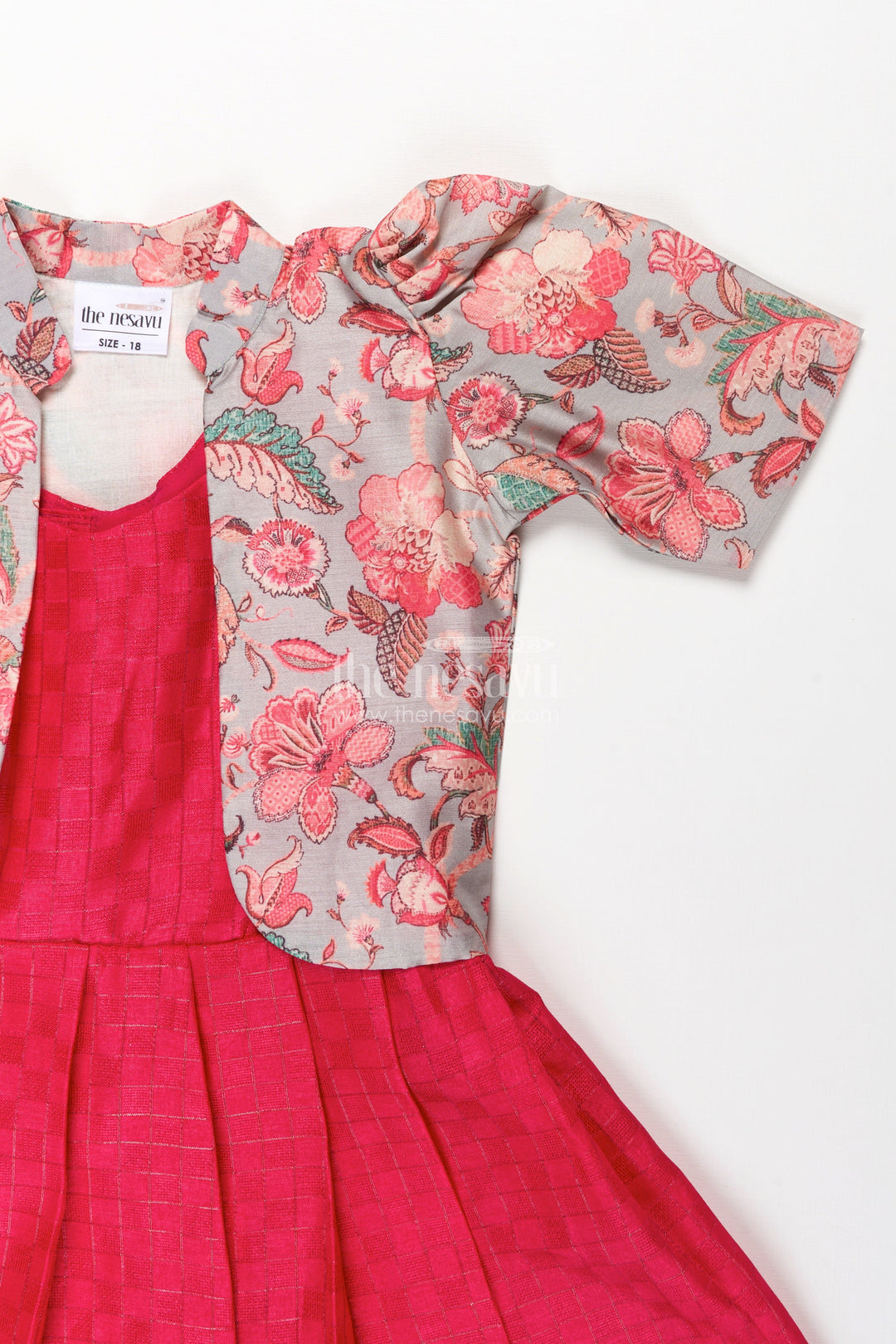 Girls Silk Cotton Gown with Pleated Design and Floral Chanderi Overcoat in silk gown party wear Style