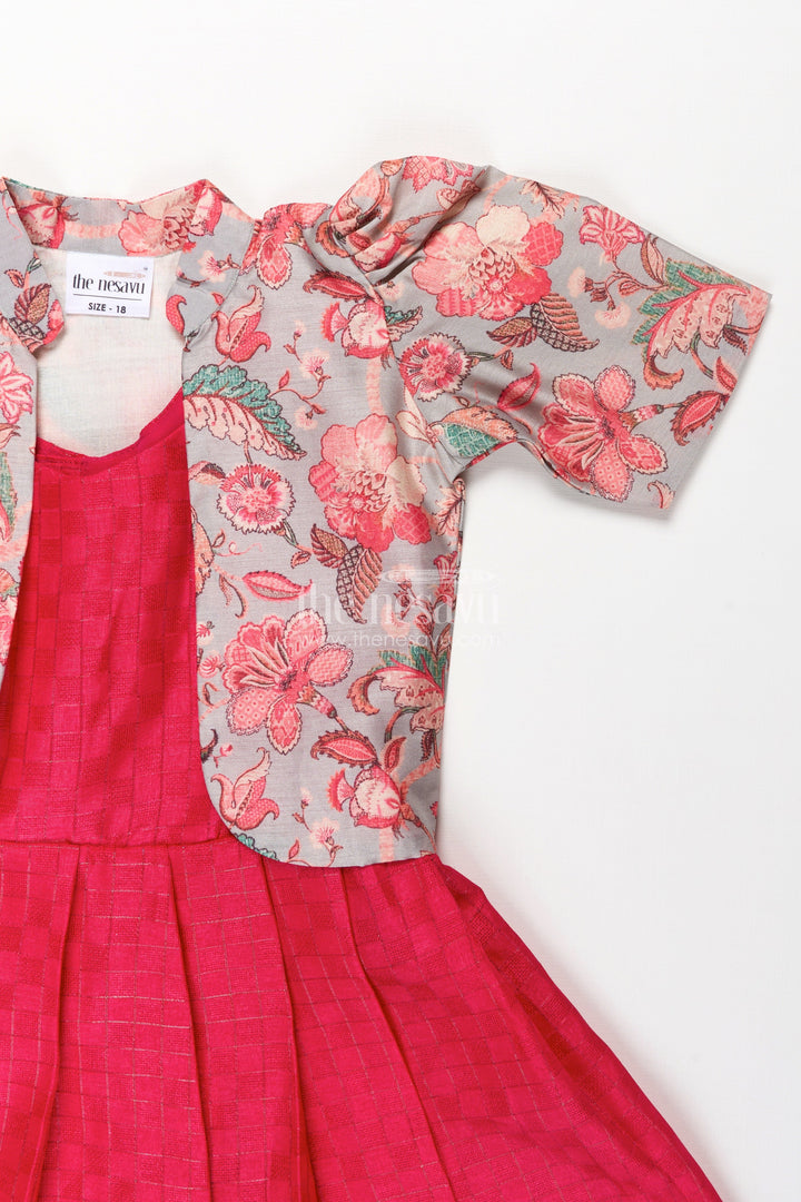 Girls Silk Cotton Gown with Pleated Design and Floral Chanderi Overcoat in silk gown party wear Style
