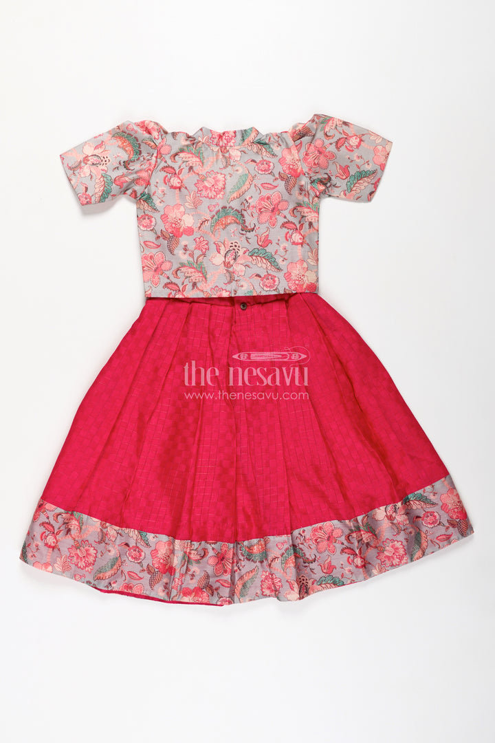 Girls Silk Cotton Gown with Pleated Design and Floral Chanderi Overcoat in silk gown party wear Style