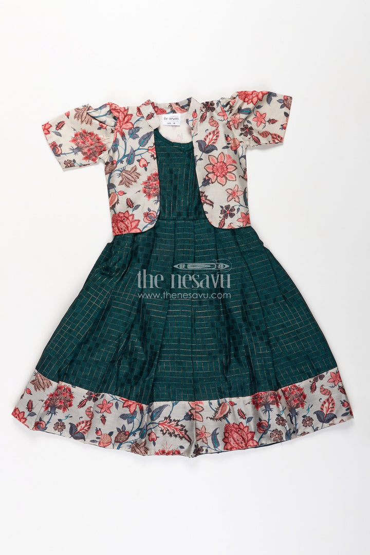 Girls Silk Cotton Anarkali Gown with Floral Border and Overcoat in green anarkali gown Style