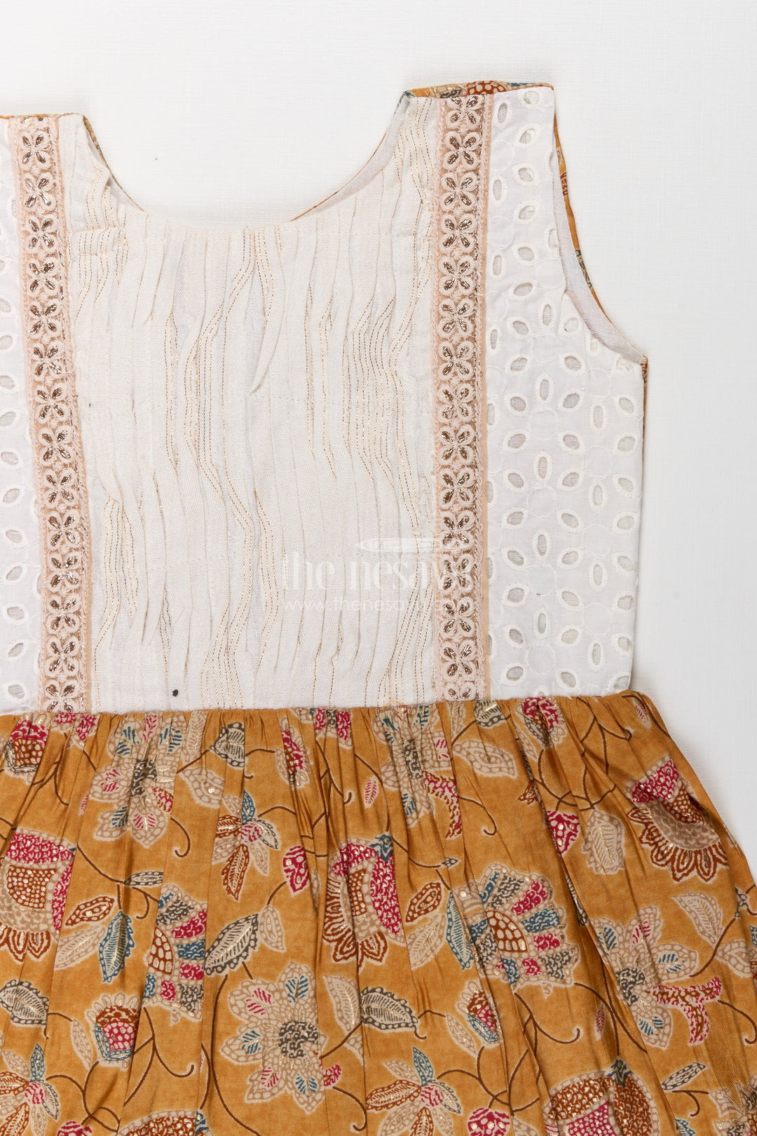Girls Modal Silk Frock with Eyelet Yoke and Floral Skirt in printed frock design Style