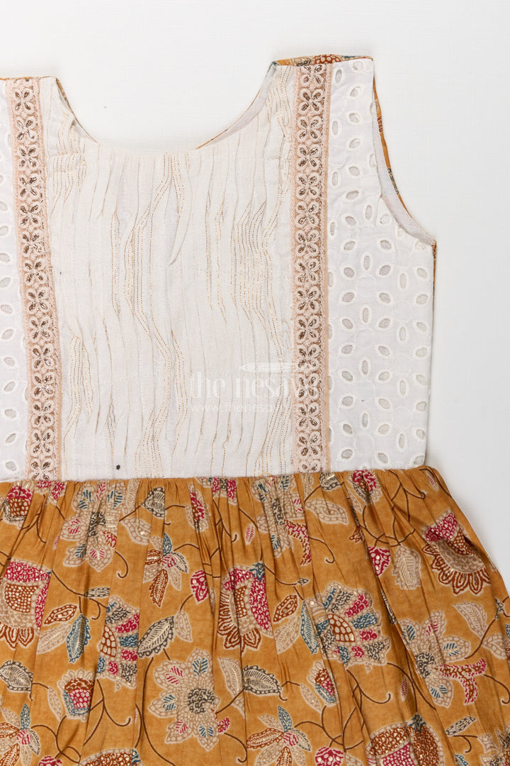 Girls Modal Silk Frock with Eyelet Yoke and Floral Skirt in printed frock design Style