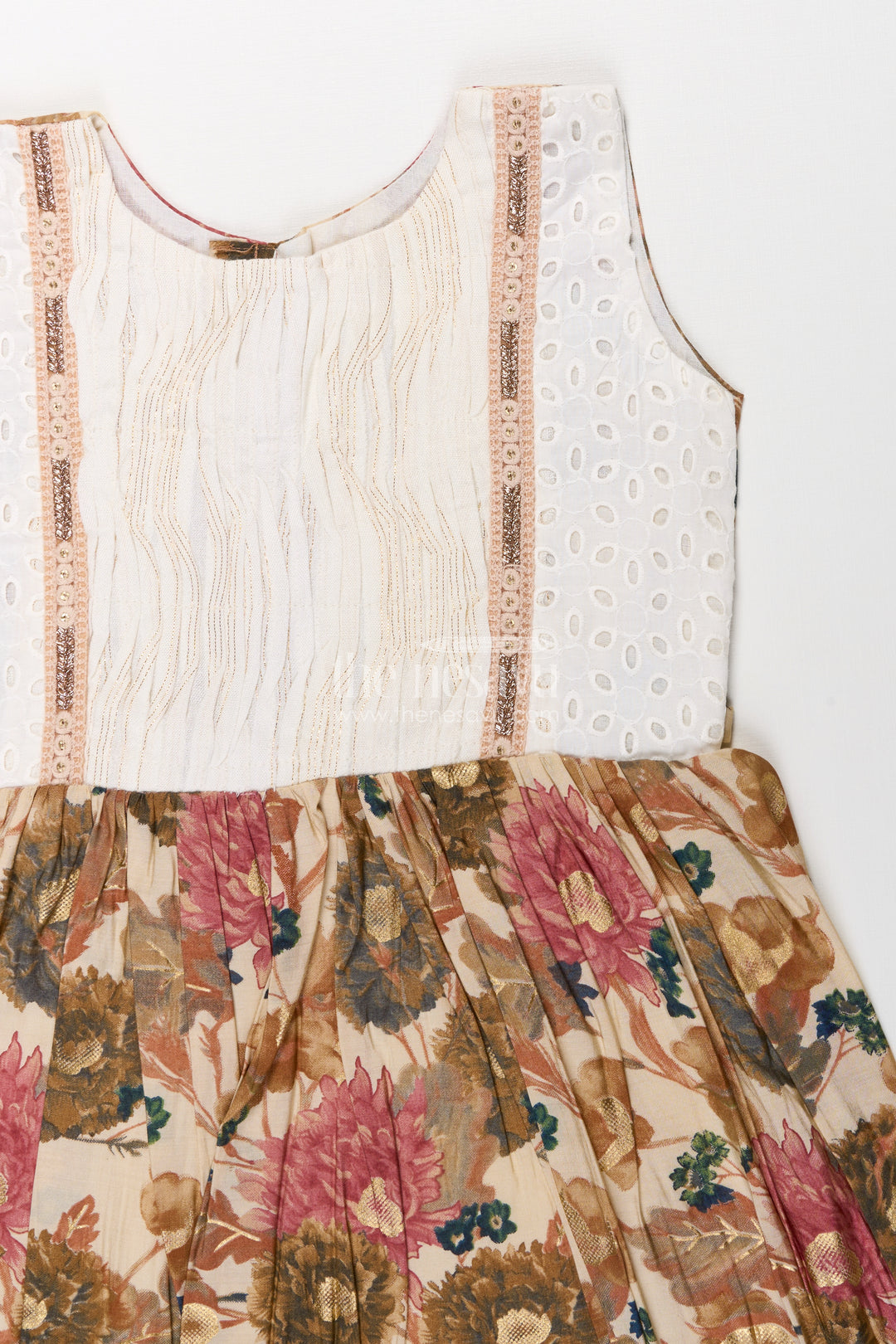 Girls Muslin Silk Fancy Frock with Gathered Floral Skirt and Pintuck Yoke in fancy frock ka design Style