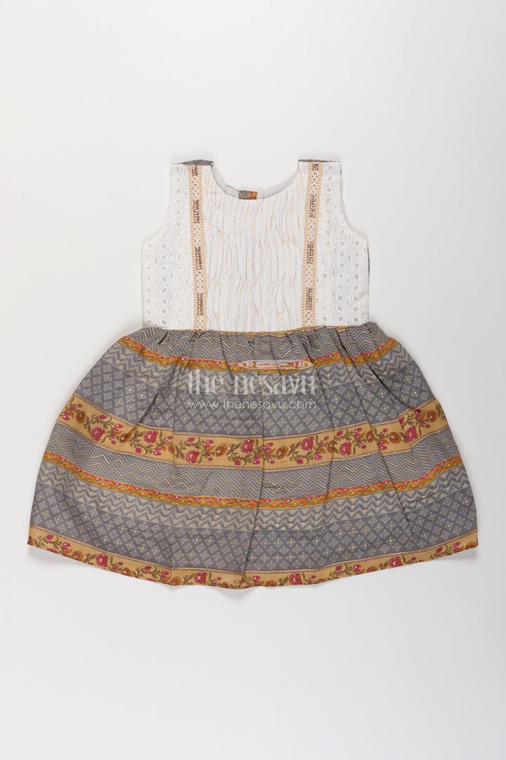 Girls Muslin Silk Fancy Frock with Stripe Floral Borders and Eyelet Yoke in new fancy frock Style