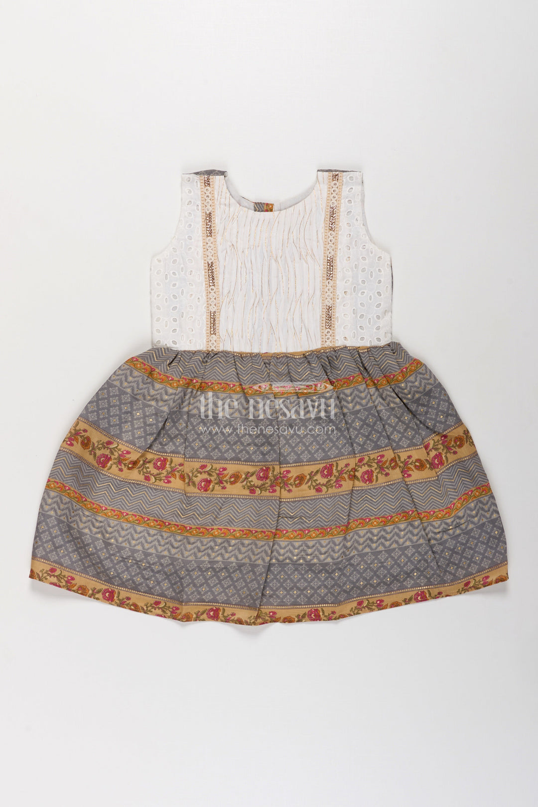 Girls Muslin Silk Fancy Frock with Stripe Floral Borders and Eyelet Yoke in new fancy frock Style