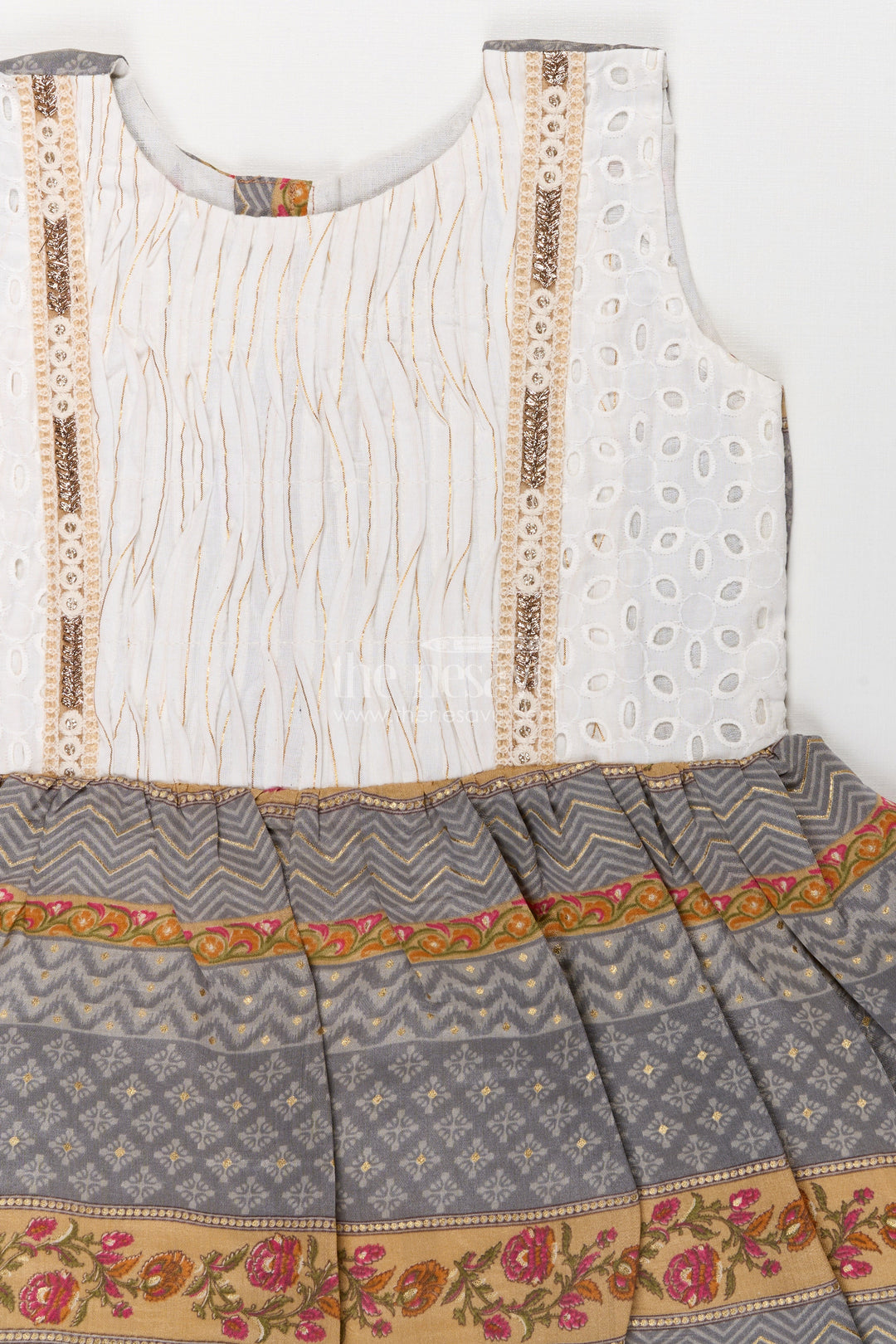 Girls Muslin Silk Fancy Frock with Stripe Floral Borders and Eyelet Yoke in new fancy frock Style