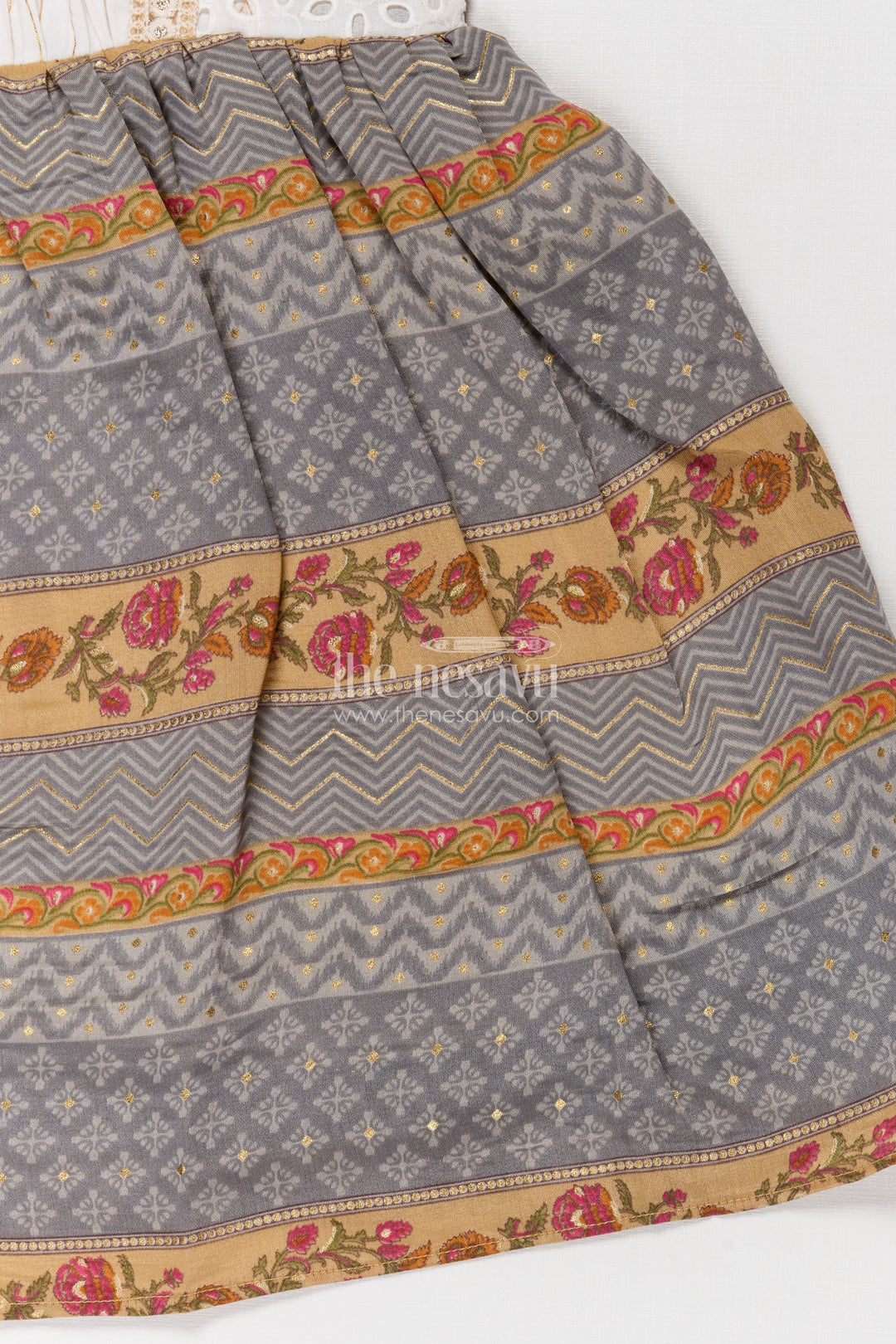 Girls Muslin Silk Fancy Frock with Stripe Floral Borders and Eyelet Yoke in new fancy frock Style