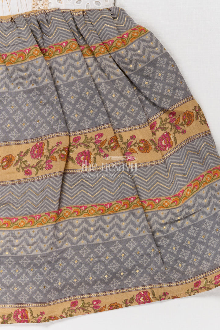 Girls Muslin Silk Fancy Frock with Stripe Floral Borders and Eyelet Yoke in new fancy frock Style