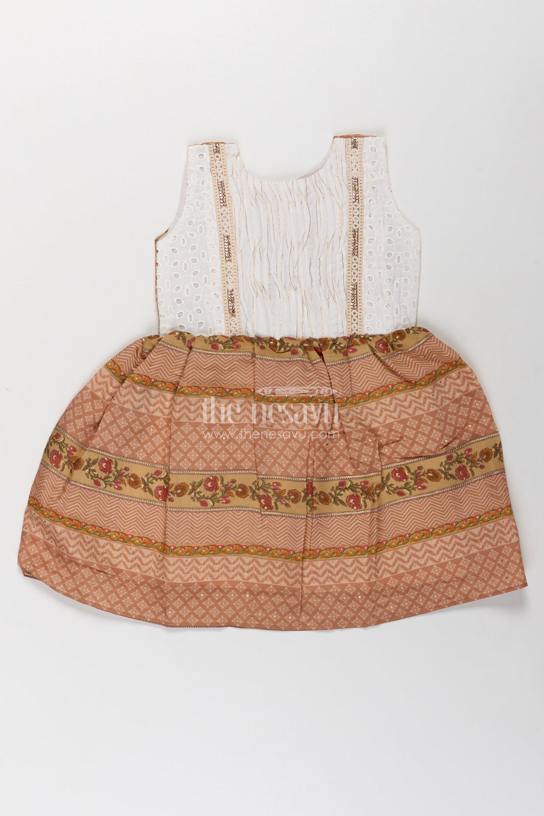 Girls Muslin Silk Printed Frock with Embroidered Yoke and Traditional Borders in fancy frock Style