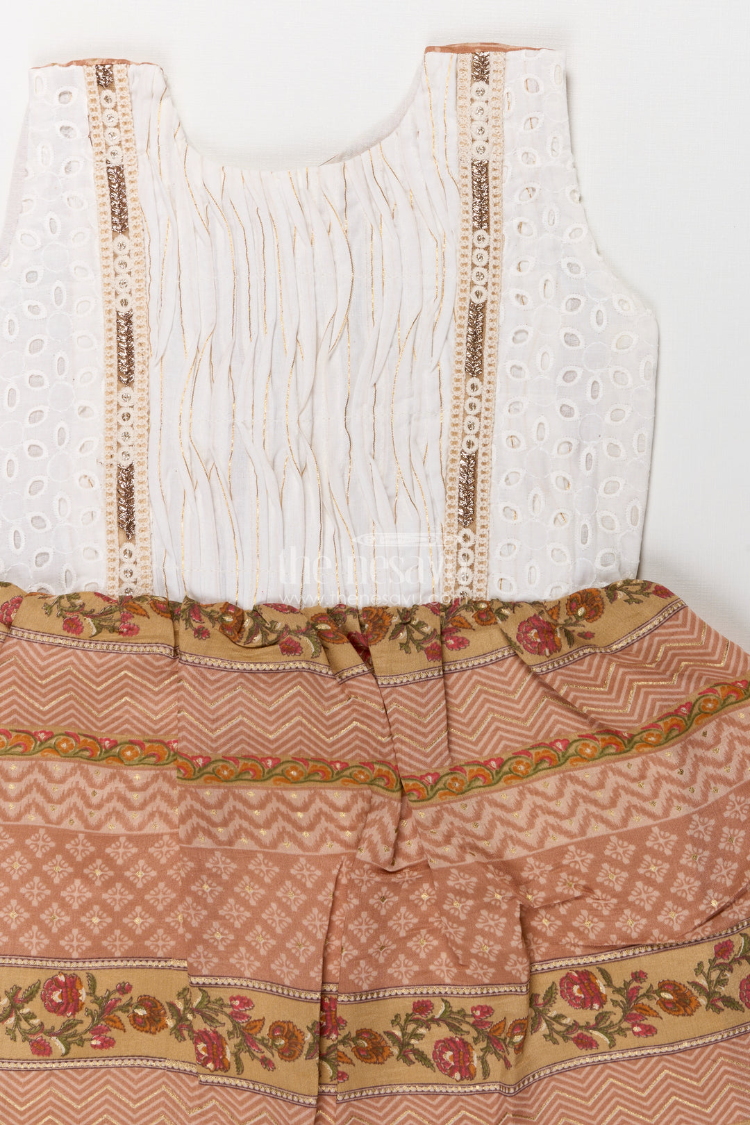 Girls Muslin Silk Printed Frock with Embroidered Yoke and Traditional Borders in fancy frock Style