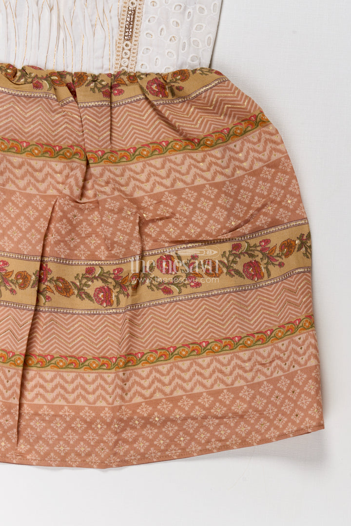 Girls Muslin Silk Printed Frock with Embroidered Yoke and Traditional Borders in fancy frock Style