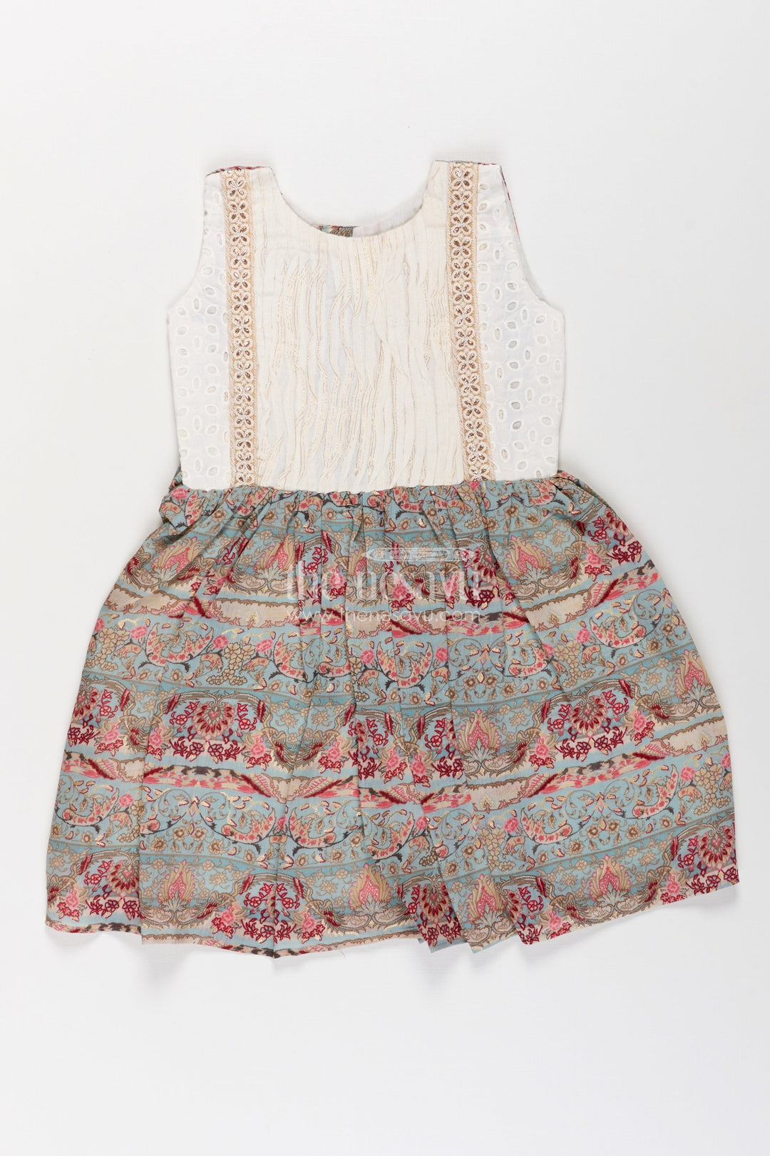 Girls Muslin Silk Printed Frock with Eyelet Pintuck Yoke and Baroque Borders in blue frock design