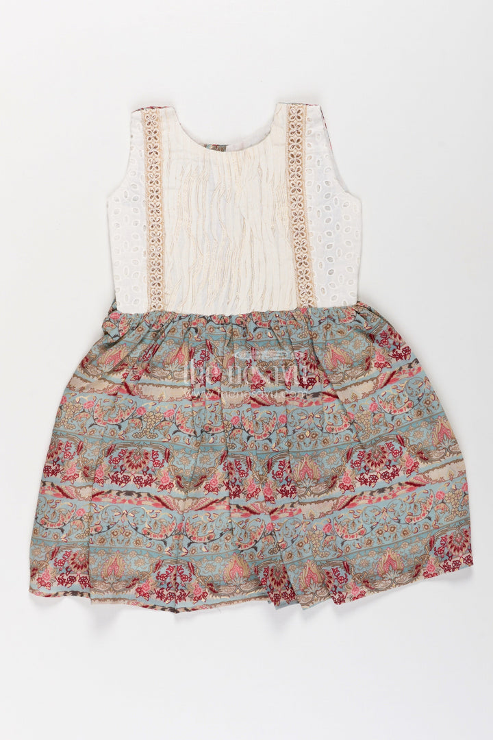 Girls Muslin Silk Printed Frock with Eyelet Pintuck Yoke and Baroque Borders in blue frock design
