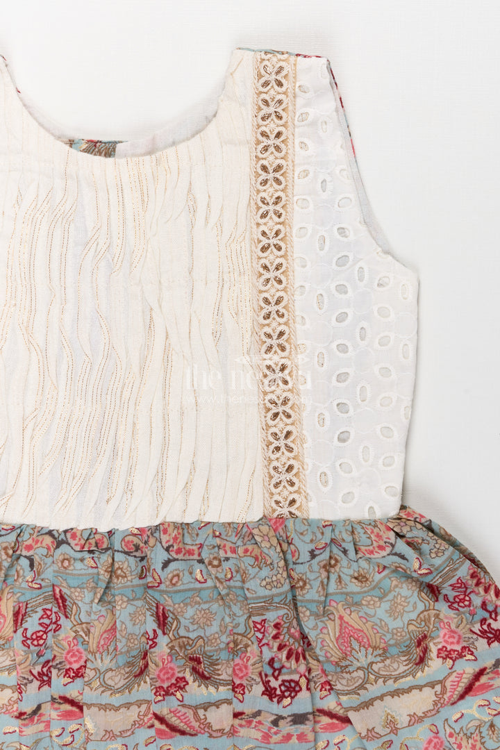 Girls Muslin Silk Printed Frock with Eyelet Pintuck Yoke and Baroque Borders in blue frock design