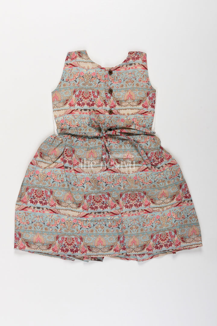 Girls Muslin Silk Printed Frock with Eyelet Pintuck Yoke and Baroque Borders in blue frock design