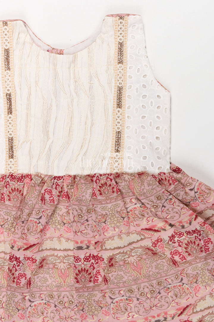 Girls Muslin Silk Printed Frock with Embroidered Pintuck Yoke in pink frock design Style
