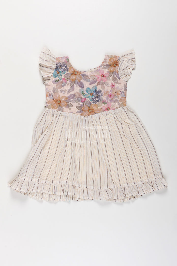 Girls Cotton Frock with Ruffled Sleeves and Floral Embroidery in cream colour frock Style
