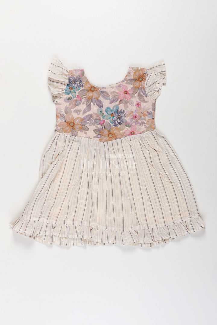 Girls Cotton Frock with Ruffled Sleeves and Floral Embroidery in cream colour frock Style