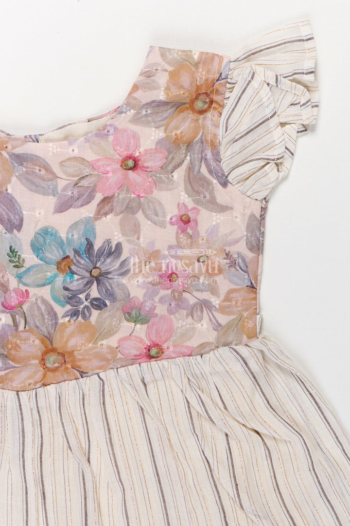 Girls Cotton Frock with Ruffled Sleeves and Floral Embroidery in cream colour frock Style