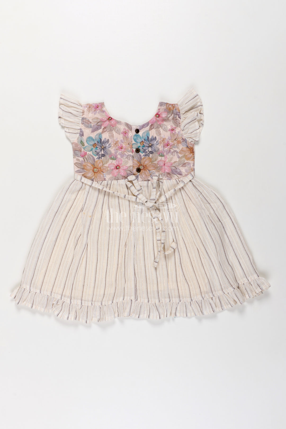 Girls Cotton Frock with Ruffled Sleeves and Floral Embroidery in cream colour frock Style