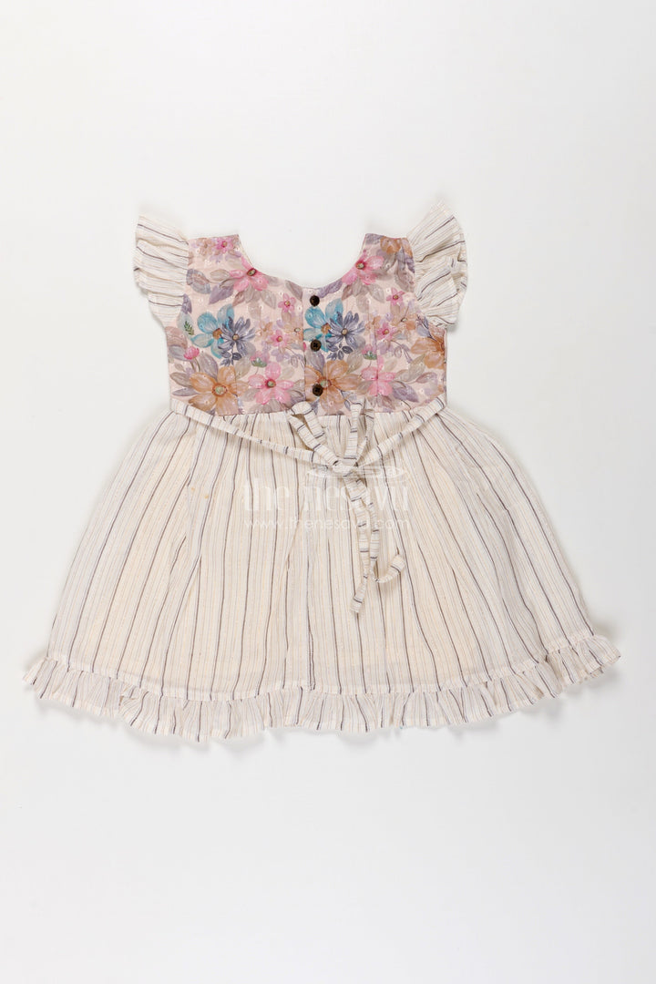 Girls Cotton Frock with Ruffled Sleeves and Floral Embroidery in cream colour frock Style
