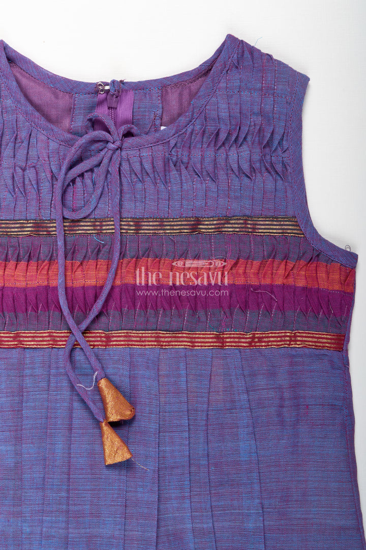 Girls Mangalagiri Cotton Frock with Gathers and Stripe Pattern in Purple Frock Design