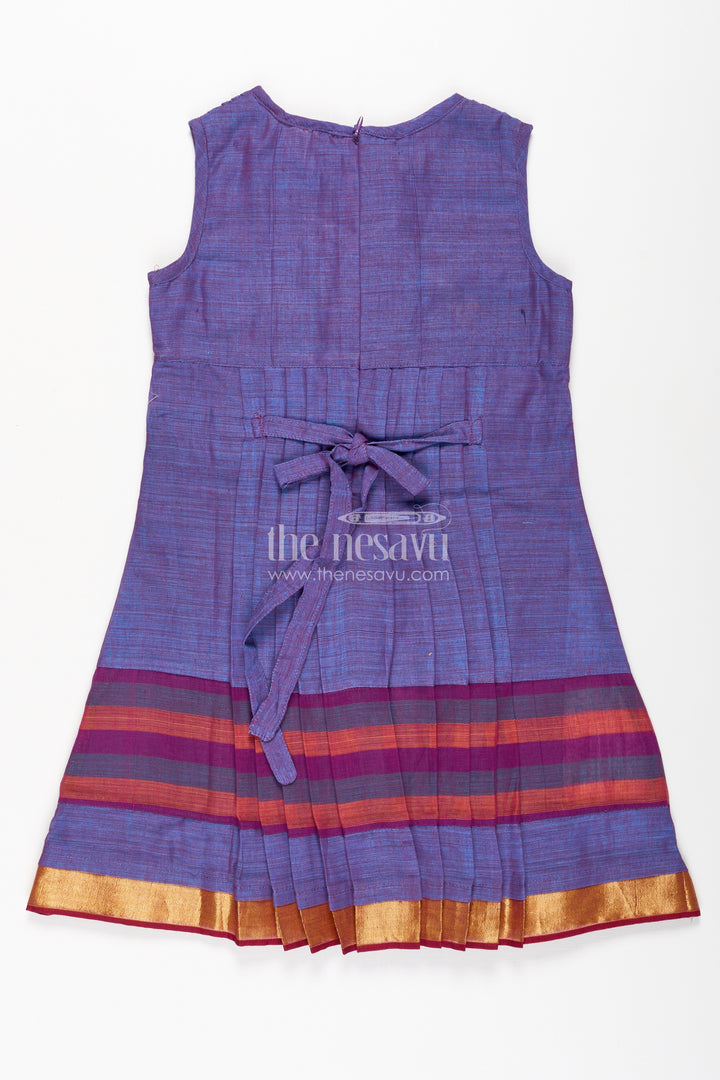 Girls Mangalagiri Cotton Frock with Gathers and Stripe Pattern in Purple Frock Design