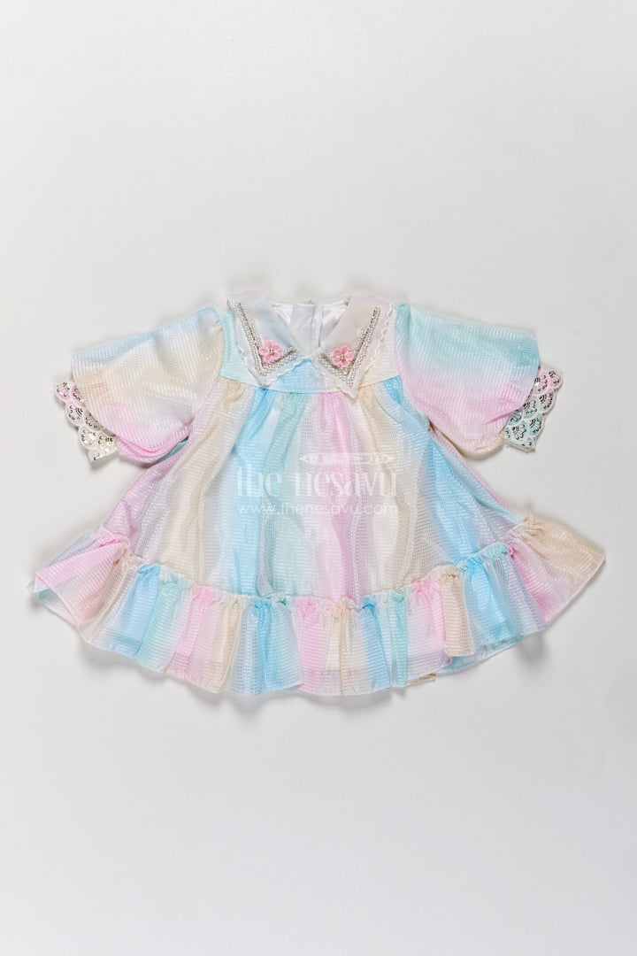 Multi Colour Frock Design for Girls in Pastel Organza with Frills and Decorative Collar