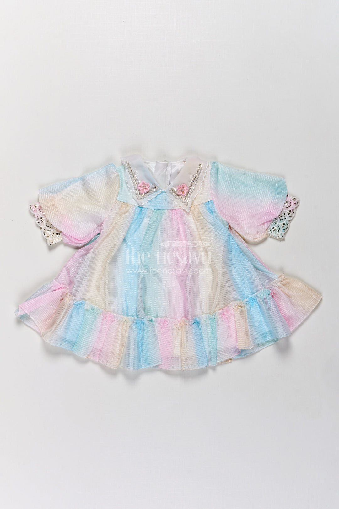 Multi Colour Frock Design for Girls in Pastel Organza with Frills and Decorative Collar