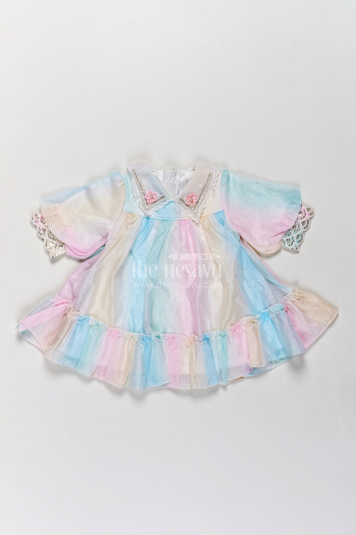 Multi Colour Frock Design for Girls in Pastel Organza with Frills and Decorative Collar