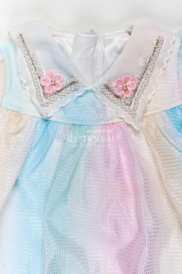 Multi Colour Frock Design for Girls in Pastel Organza with Frills and Decorative Collar