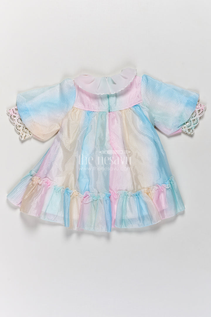 Multi Colour Frock Design for Girls in Pastel Organza with Frills and Decorative Collar