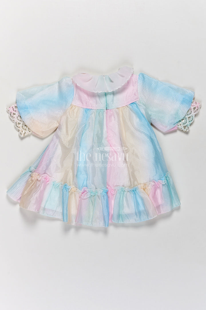 Multi Colour Frock Design for Girls in Pastel Organza with Frills and Decorative Collar