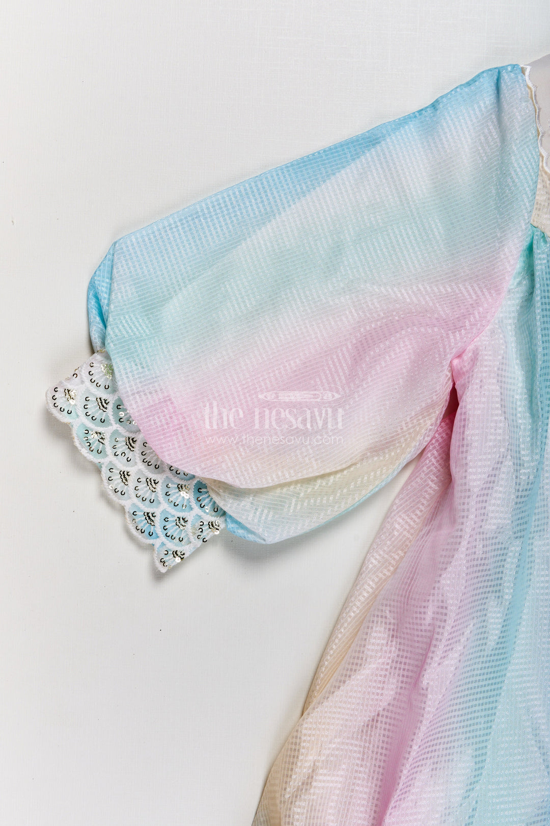 Multi Colour Frock Design for Girls in Pastel Organza with Frills and Decorative Collar