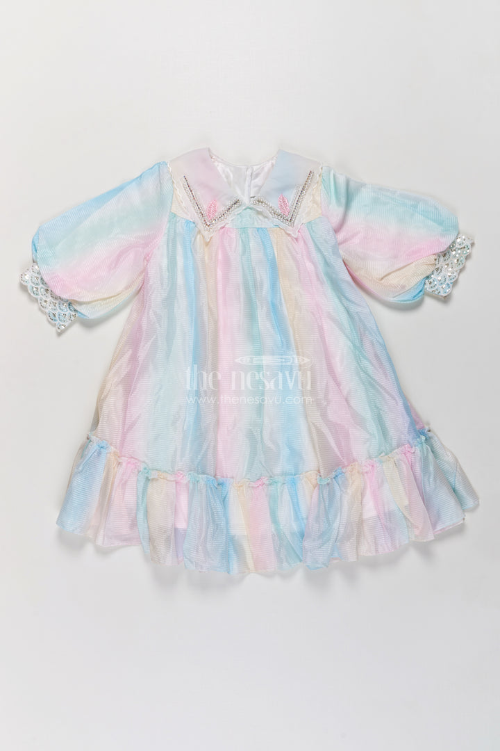 Girls Latest Organza Long Frocks in Pastel Rainbow Hues with Ruffle Hem and Beaded Collar