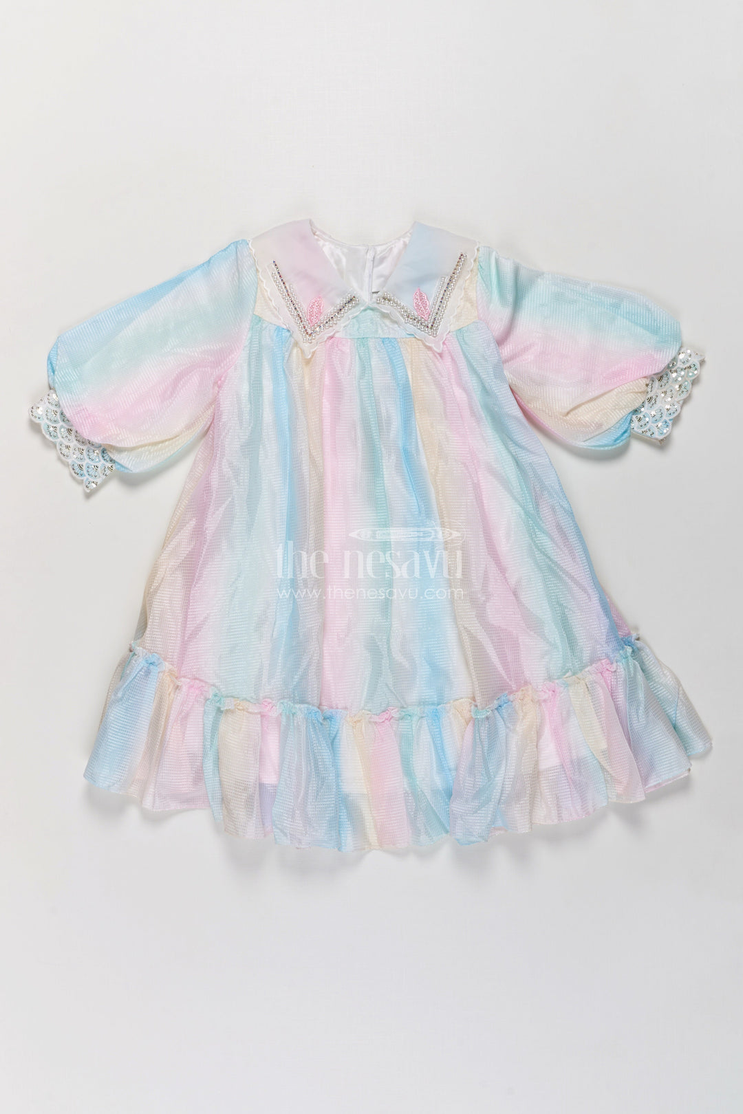 Girls Latest Organza Long Frocks in Pastel Rainbow Hues with Ruffle Hem and Beaded Collar