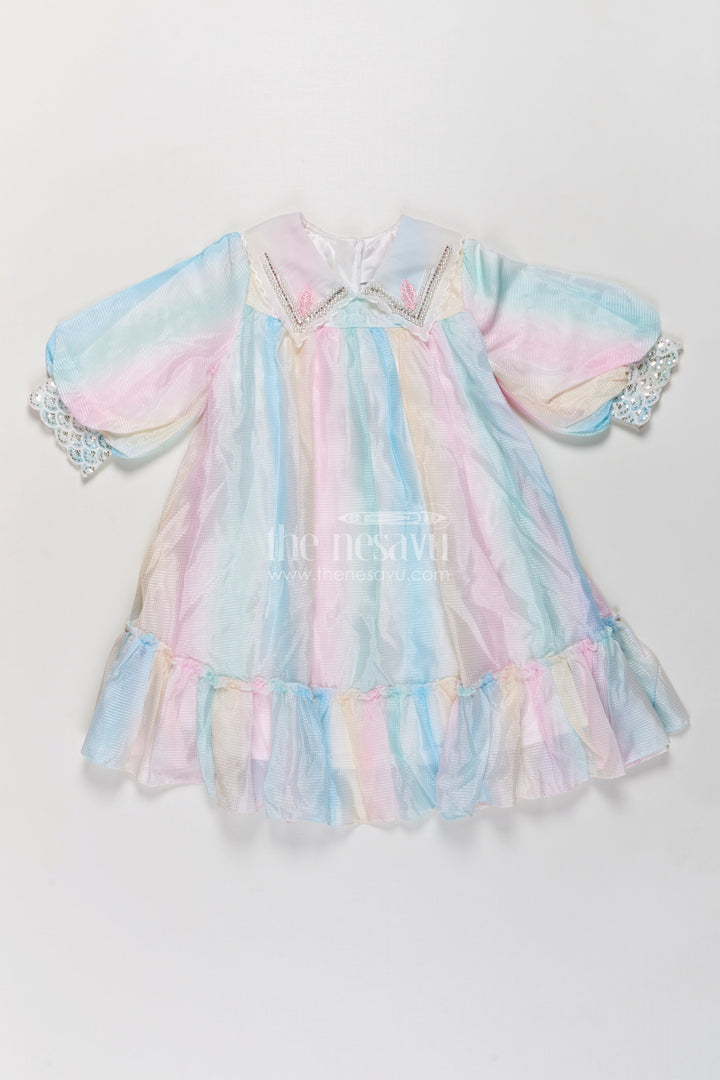 Girls Latest Organza Long Frocks in Pastel Rainbow Hues with Ruffle Hem and Beaded Collar