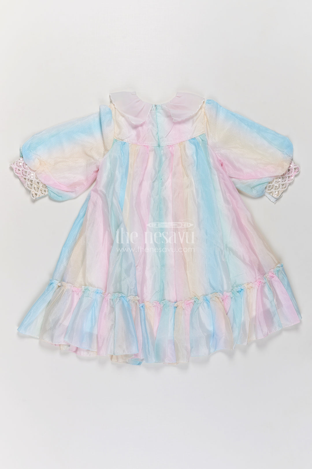 Girls Latest Organza Long Frocks in Pastel Rainbow Hues with Ruffle Hem and Beaded Collar