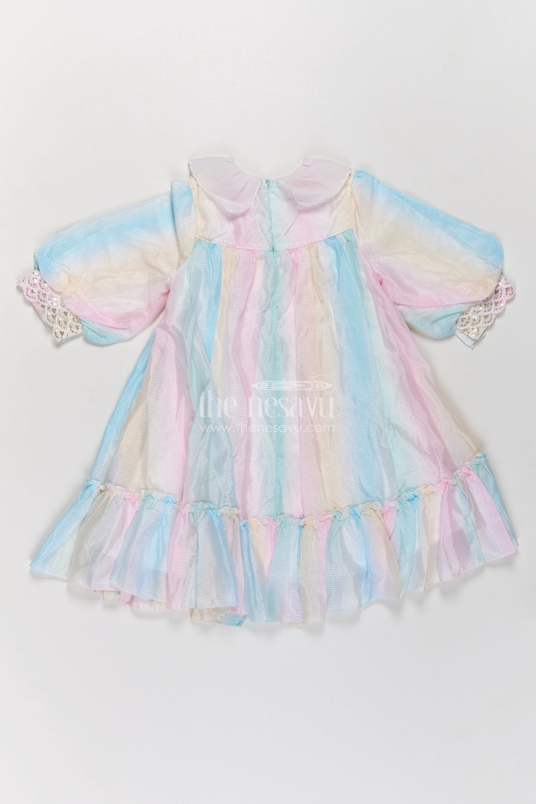 Girls Latest Organza Long Frocks in Pastel Rainbow Hues with Ruffle Hem and Beaded Collar