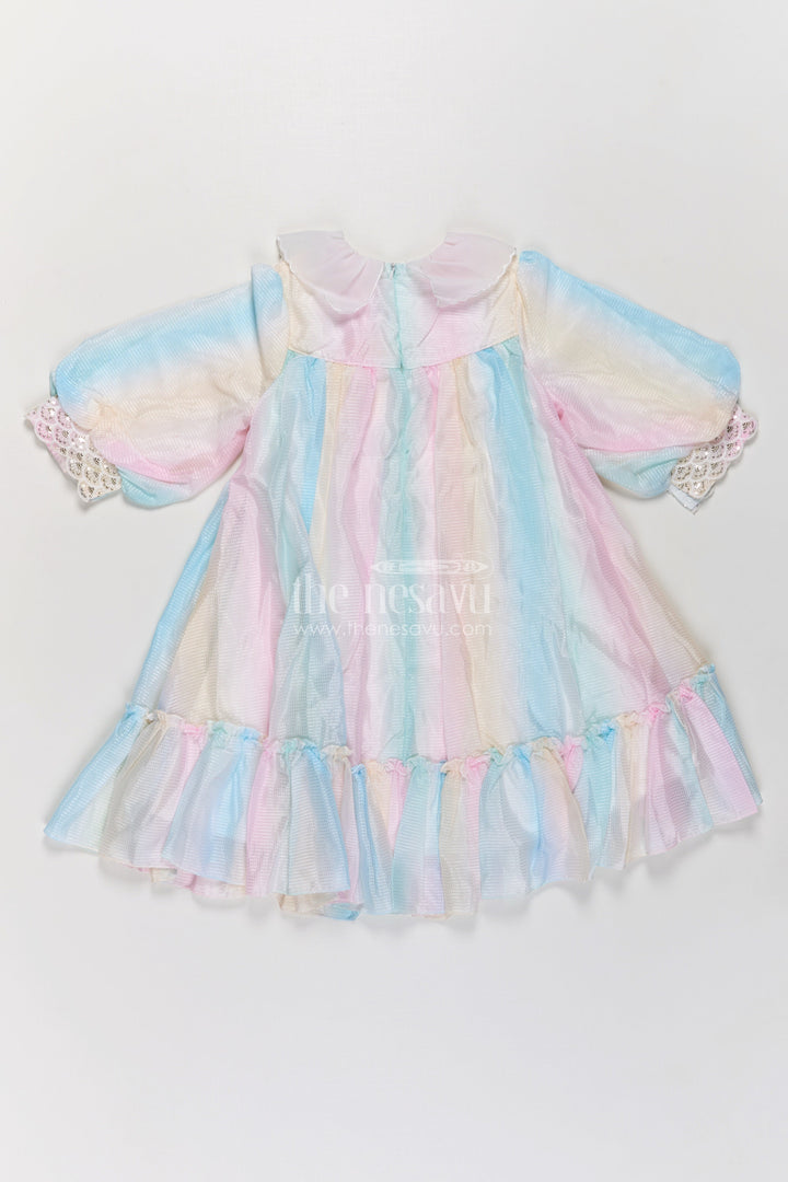Girls Latest Organza Long Frocks in Pastel Rainbow Hues with Ruffle Hem and Beaded Collar