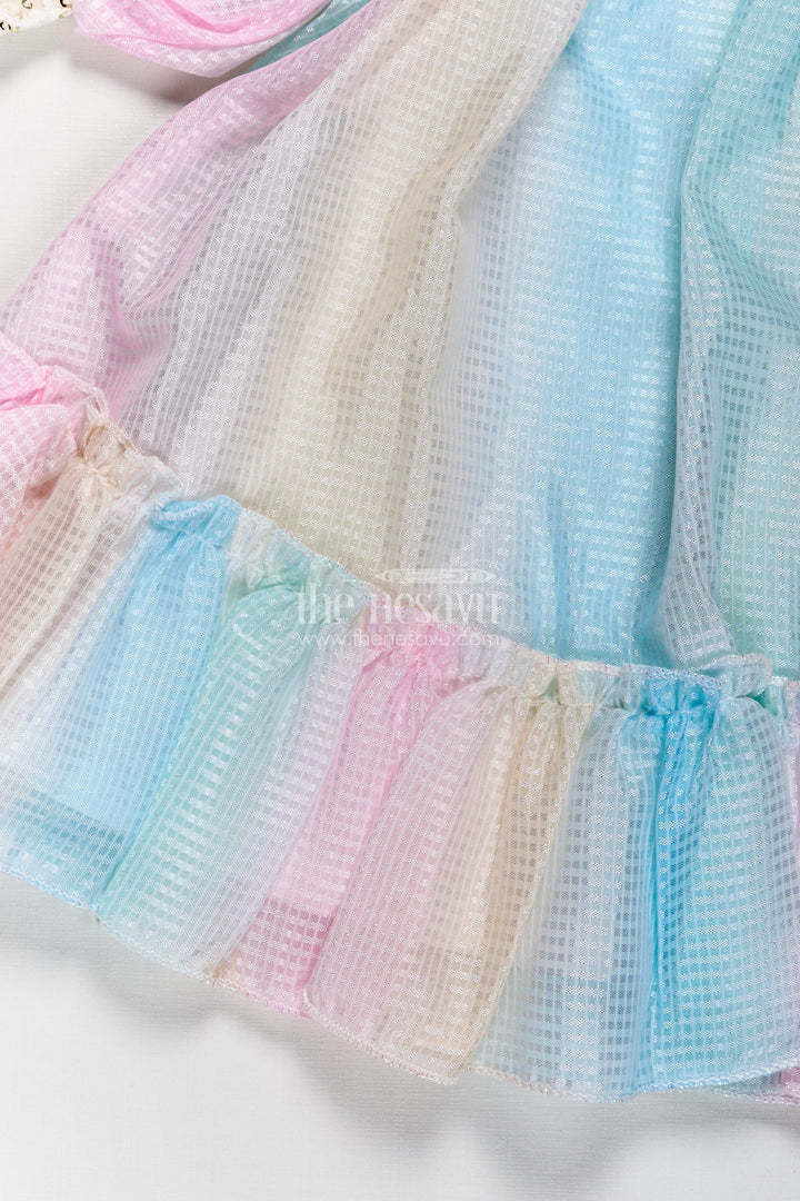 Girls Latest Organza Long Frocks in Pastel Rainbow Hues with Ruffle Hem and Beaded Collar