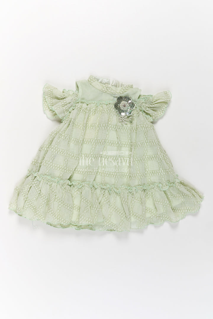 Organza Dress Frock for Girls in Light Green with Ruffle Hem and Floral Brooch Detail