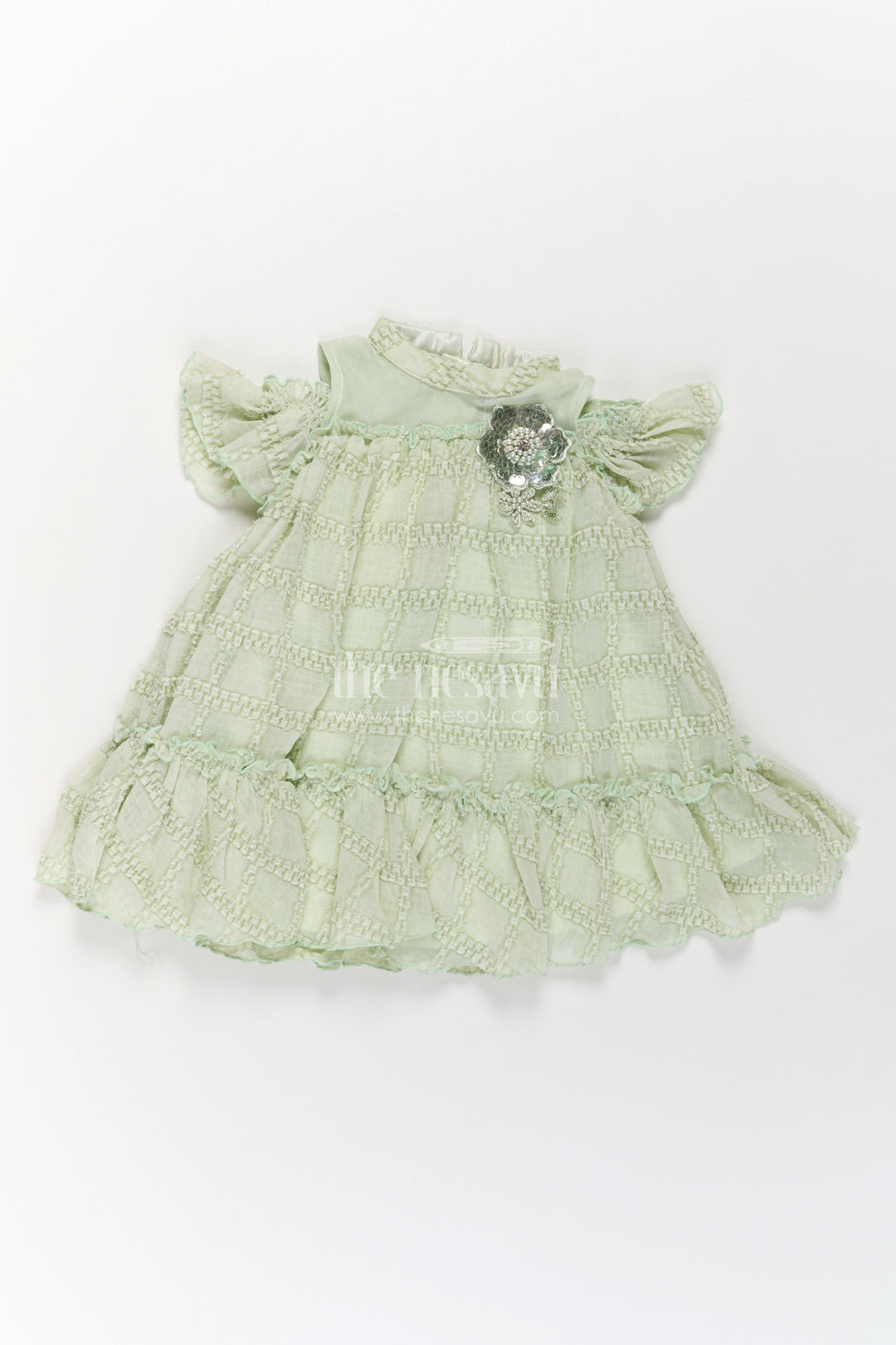 Organza Dress Frock for Girls in Light Green with Ruffle Hem and Floral Brooch Detail