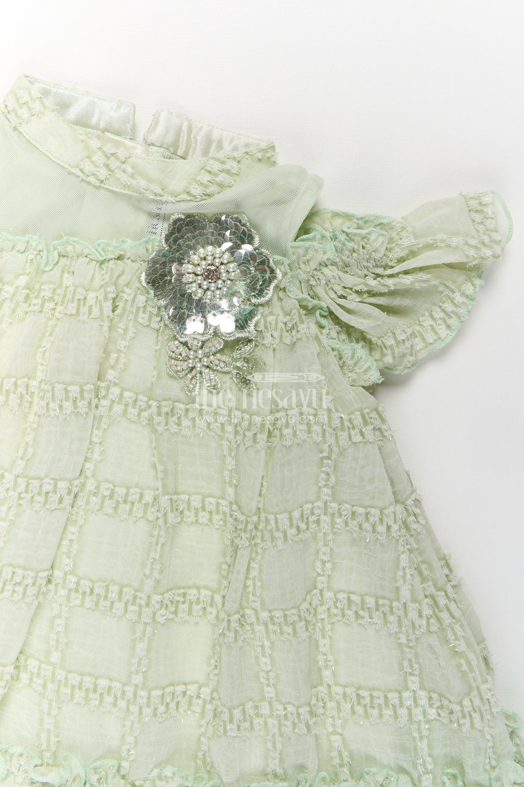 Organza Dress Frock for Girls in Light Green with Ruffle Hem and Floral Brooch Detail