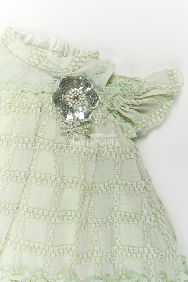 Organza Dress Frock for Girls in Light Green with Ruffle Hem and Floral Brooch Detail