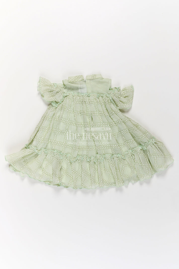 Organza Dress Frock for Girls in Light Green with Ruffle Hem and Floral Brooch Detail