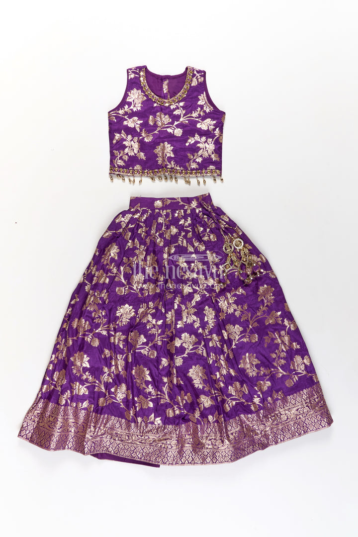 Girls Semi Banaras Lehenga Dark Purple with Floral Jaal Jacquard and Stone Beaded Blouse