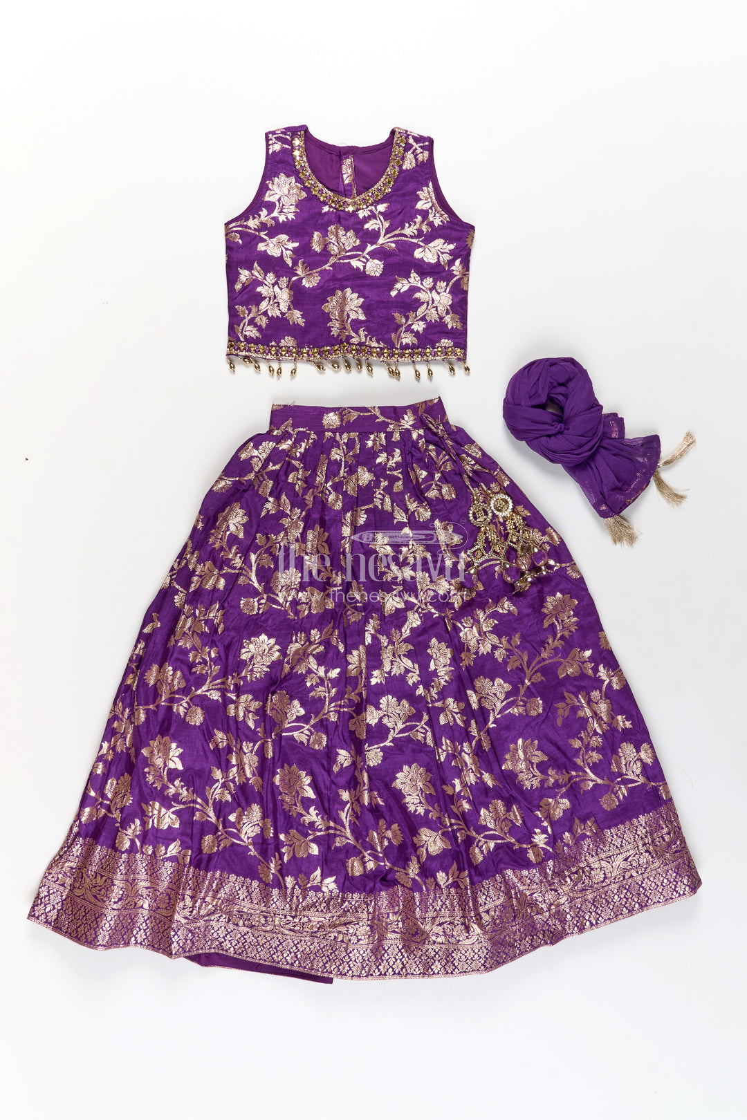 Girls Semi Banaras Lehenga Dark Purple with Floral Jaal Jacquard and Stone Beaded Blouse