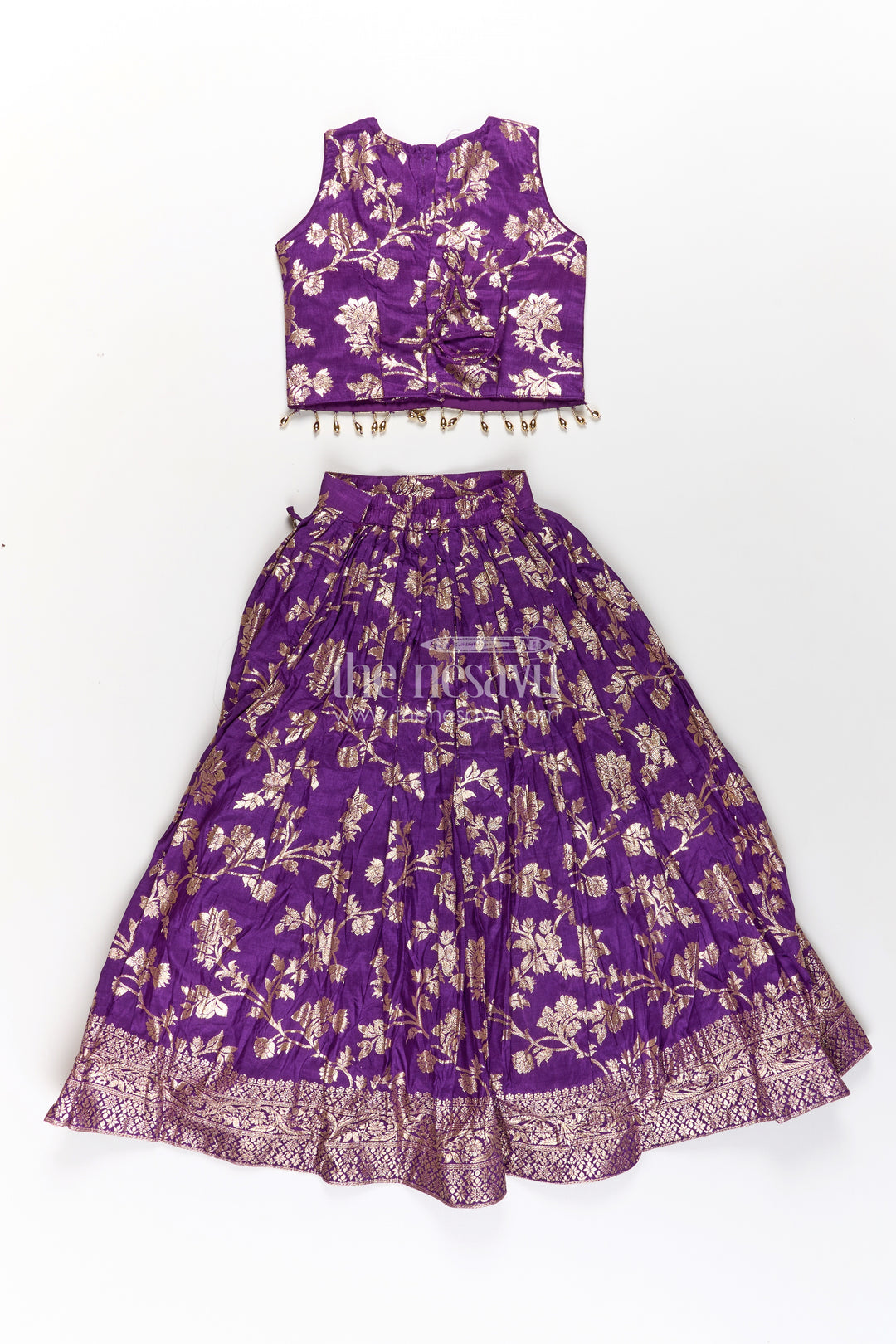 Girls Semi Banaras Lehenga Dark Purple with Floral Jaal Jacquard and Stone Beaded Blouse